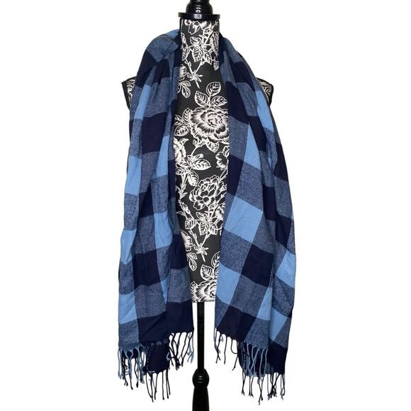 Blue Navy Buffalo Plaid Scarf Wrap Fringe Edge Cozy Soft Oversized Shawl Winter - Picture 2 of 7